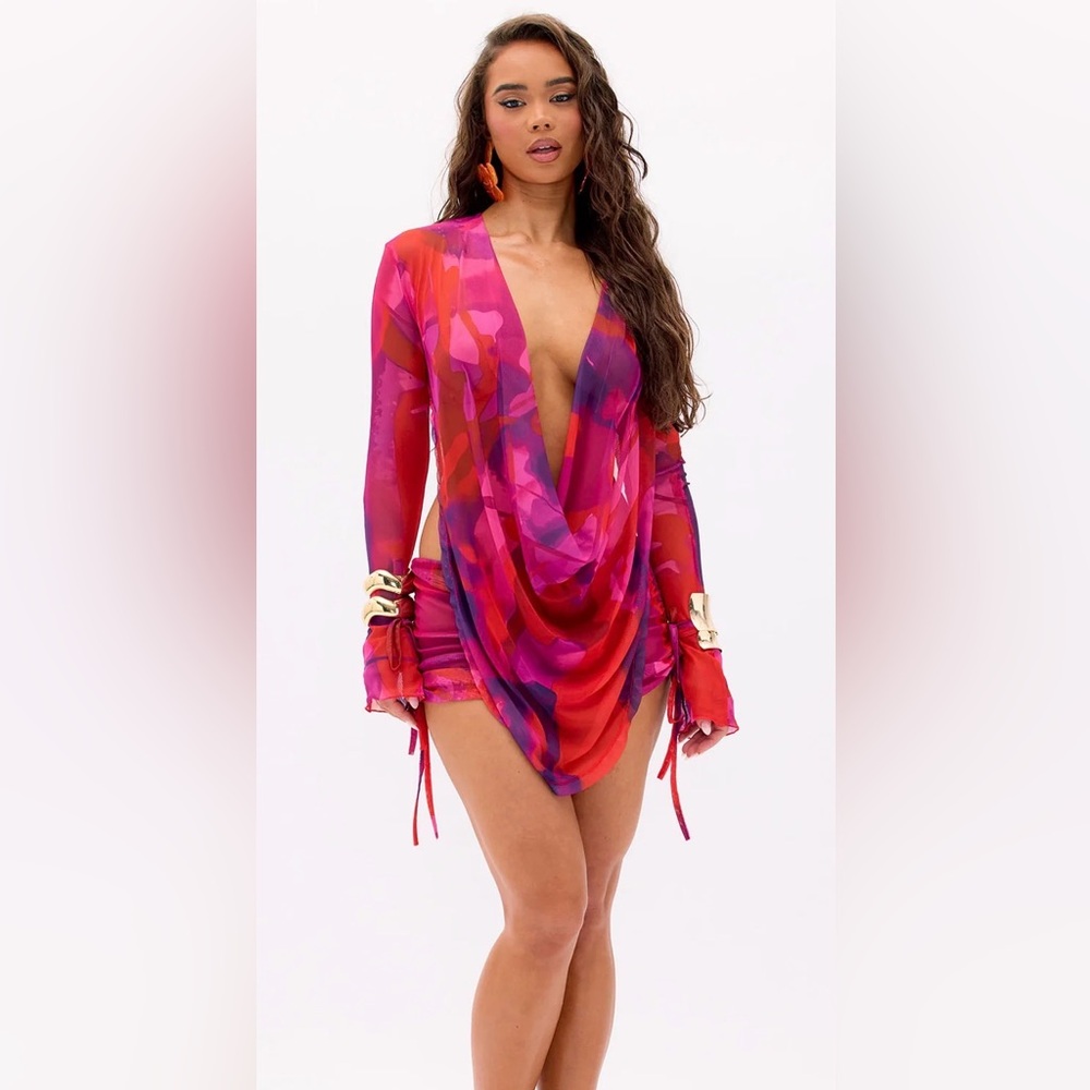 Cowl Neck Mesh Cover Up Mini Skirt Set